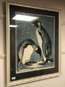 David Koster : limited edition print depicting penguins, numbered 714, 52 cm x 68 cm, framed.