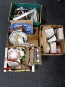 Four boxes of meat plates, metal ware, door mat,