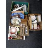 Four boxes of meat plates, metal ware, door mat,