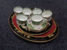 Six Coalport melrose green coffee cups and saucers together with a Wedgwood black Tonquin meatplate