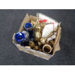 A box of middle eastern brass teapots, cafetiere,
