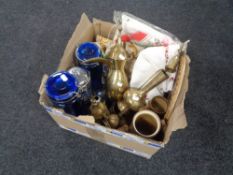 A box of middle eastern brass teapots, cafetiere,