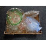 A box of glass ware, art glass vase, wine glasses, fruit bowls,