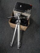 A camera tripod, box of camera equipment including Praktica NTL 3, Helina camera,