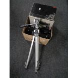 A camera tripod, box of camera equipment including Praktica NTL 3, Helina camera,