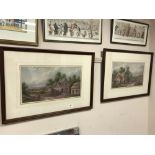 A pair of colour prints depicting figures by a cottage