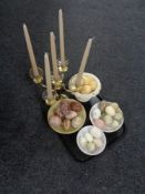 A tray of marble and alabaster comports with eggs,