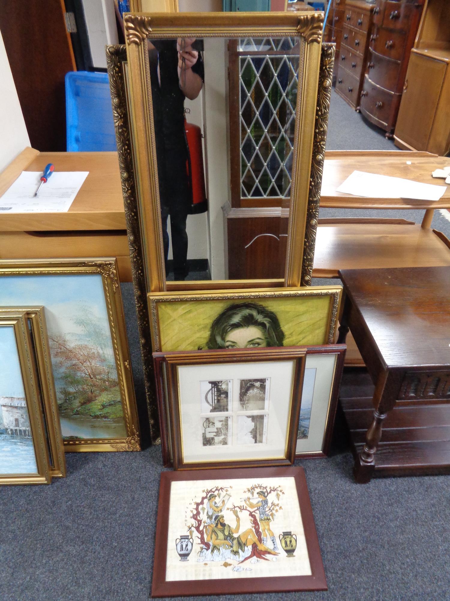 A gilt framed hall mirror and five further framed pictures