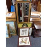 A gilt framed hall mirror and five further framed pictures