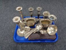 A tray of twentieth century plated wares, miniature wine coolers, serving spoons,