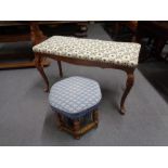 A tapestry upholstered duet stool and a hexagonal footstool