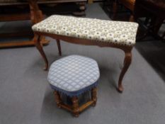 A tapestry upholstered duet stool and a hexagonal footstool