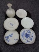 A tray of six pieces of antique Chinese pottery, shallow dishes,