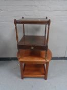 An inlaid mahogany two tier stand fitted a drawer and a coffee table