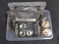 A box of cutlery, serving trays,