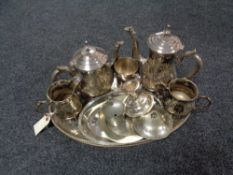 A tray of twentieth century plated wares, gallery tray, four piece tea service,