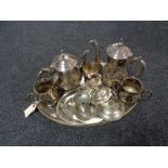 A tray of twentieth century plated wares, gallery tray, four piece tea service,