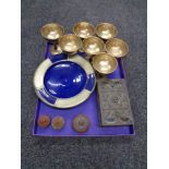 A tray of brass goblets, Indian filigree jewellery box, enamelled pots,