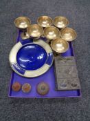 A tray of brass goblets, Indian filigree jewellery box, enamelled pots,