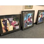 Three colour prints depicting figures in a cafe, framed.