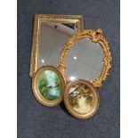 A gilt framed bevelled mirror together with a further gilt framed chalk mirror and two gilt framed