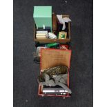 Two boxes and a wooden crate of brass embossed tray, ladies leather bag,