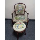 A stained beech framed salon armchair and a similar stool