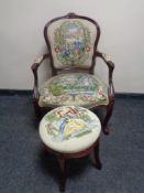 A stained beech framed salon armchair and a similar stool
