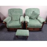 An Old Charm framed three piece lounge suite in green floral fabric and a similar footstool