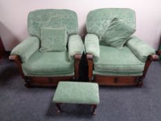 An Old Charm framed three piece lounge suite in green floral fabric and a similar footstool