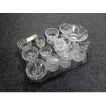 A tray of glass and crystal, bowls, comport,
