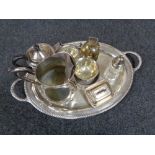 A tray of twentieth century plated wares, twin handled serving tray, three piece tea service,