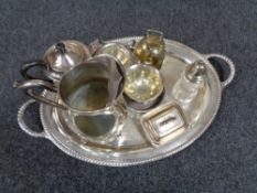 A tray of twentieth century plated wares, twin handled serving tray, three piece tea service,