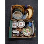 Two boxes of chargers, bowls, china comport,