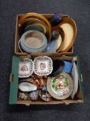 Two boxes of chargers, bowls, china comport,