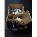 Two boxes of tea china, carnival glass dish, lamps,