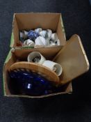 Two boxes of tea china, carnival glass dish, lamps,