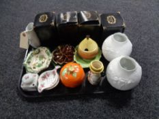 A tray of china, boxed Portmeirion jugs, Masons shallow dish, Crown Devon and Carlton preserve pots,