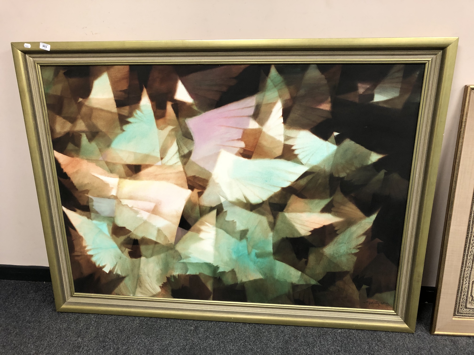 20th century school : oil on canvas depicting an abstract scene, framed.