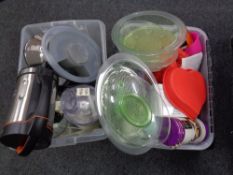 Two boxes of kitchen electricals and bowls etc