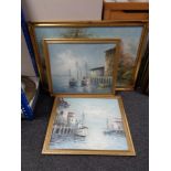 A gilt framed oil on board and two further oils on board of boats in harbours