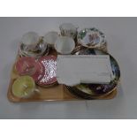 A tray of six Royal Albert china trios, Franklin mint collectors plates,