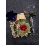 A tray of twentieth century glass ware, envelope vase, cranberry glass,
