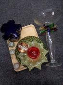 A tray of twentieth century glass ware, envelope vase, cranberry glass,