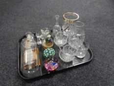 A tray of glass ware, ship in bottle, paperweights, cut glass,