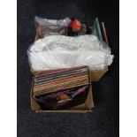 Two boxes of table linen, Christmas decorations, vinyl lps - Elvis,
