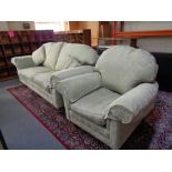 Two seater settee and armchair in green classical fabric CONDITION REPORT: This is