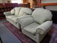 Two seater settee and armchair in green classical fabric CONDITION REPORT: This is