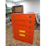 A red painted six drawer mid century chest of drawers