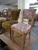 An antique mahogany bedroom chair upholstered in a dralon fabric together with one other chair